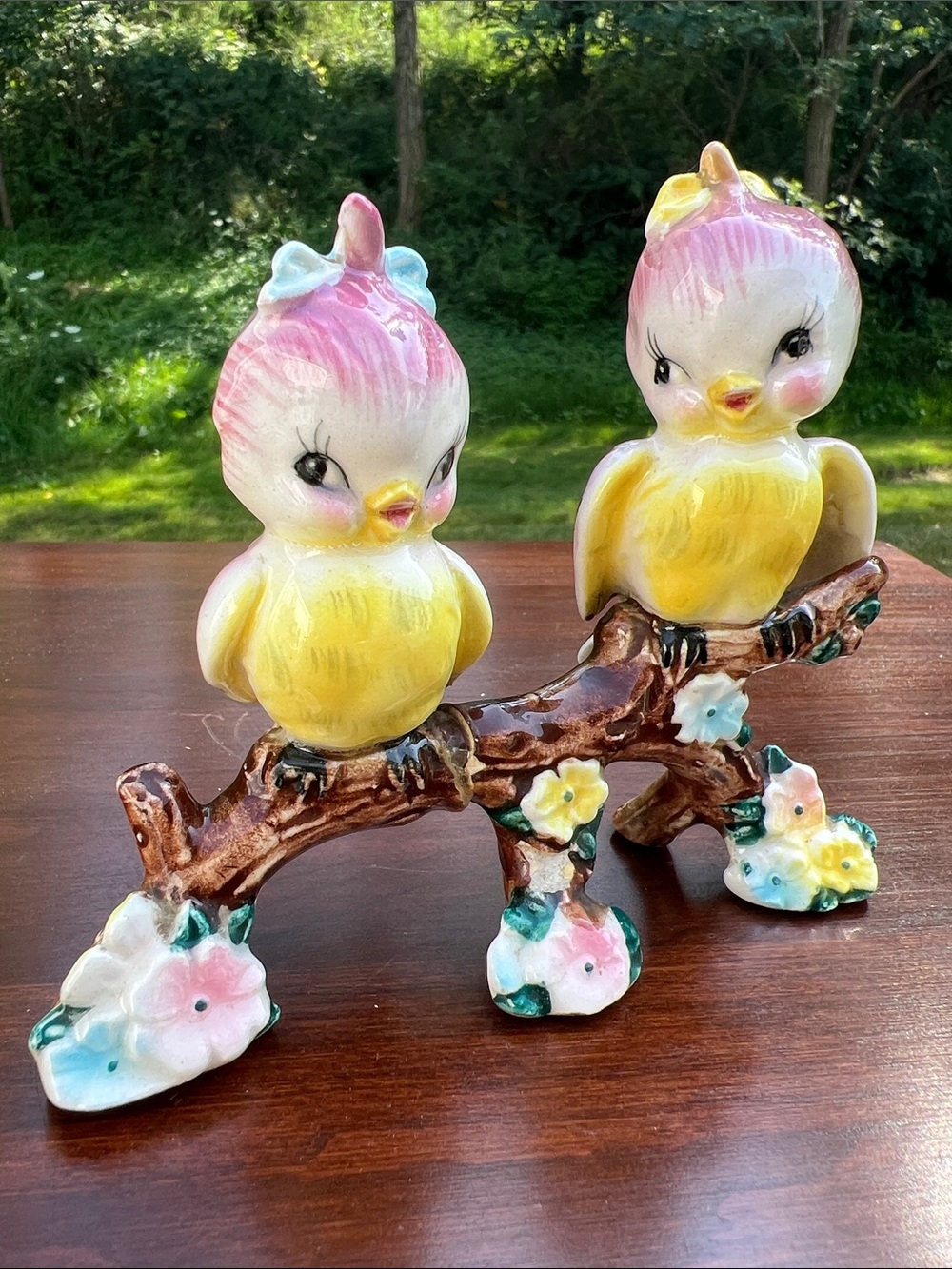 RARE Norcest Japan Anthropomorphic Yellow Pink Birds On Branch Flowers Ceramic